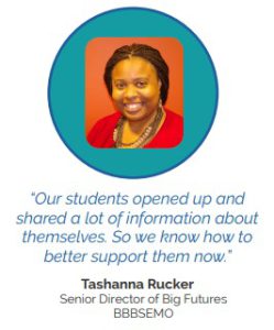 “Our students opened up and shared a lot of information about themselves. So we know how to better support them now.” - Tashanna Rucker, Senior Director of Big Futures, BBBSEMO